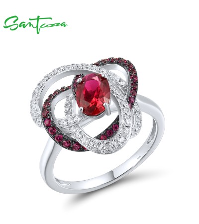 SANTUZZA 925 Sterling Silver Ring White CZ Created Ruby Cozy Red Flower Jewelry - US 7