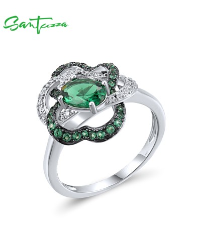 SANTUZZA 925 Sterling Silver Ring Green Spinel White CZ Flower Jewelry - US 9
