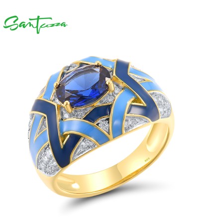 SANTUZZA 925 Sterling Silver Rings Blue Spinel Grand Enamel Jewelry - US 8