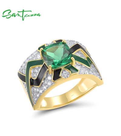 SANTUZZA 925 Sterling Silver Rings Green Spinel Grand Enamel Innovative Jewelry - US 9