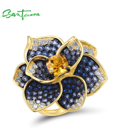 SANTUZZA 925 Sterling Silver Ring Blue Spinel Yellow Crystal Blooming Flower Fine Jewelry - US 9
