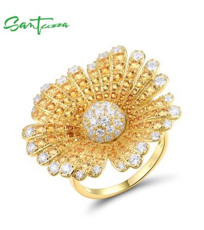 SANTUZZA 925 Sterling Silver Rings Yellow Nano Crystal Sun Flower Jewelry - US 9