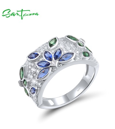 SANTUZZA 925 Sterling Silver Rings Blue White Cubic Zirconia Green Spinel Flower Jewelry - US 8