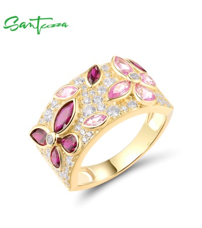 SANTUZZA 925 Sterling Silver Rings Cluster Created Ruby Pink Sapphire White CZ Jewelry - US 6