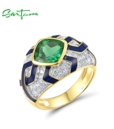 SANTUZZA 925 Sterling Silver Rings Green Spinel Modern Enamel Jewelry - US 9