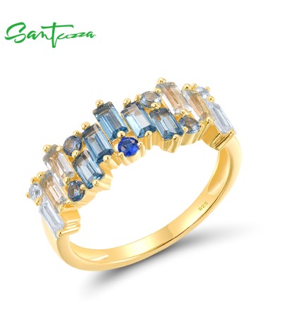 SANTUZZA 925 Sterling Silver Rings Blue Spinel White CZ Elegant Tapper Jewelry - US 6