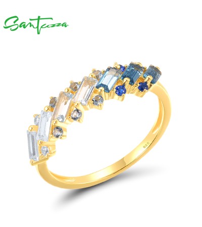 SANTUZZA 925 Sterling Silver Rings Blue Spinel White CZ Tapper Jewelry - US 9