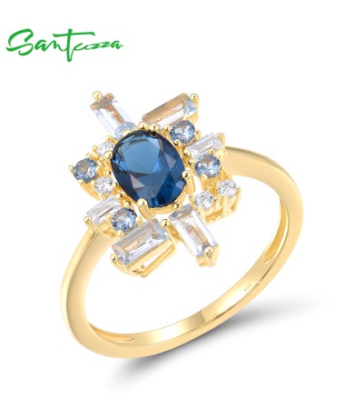 SANTUZZA 925 Sterling Silver Solitaire Rings Blue Spinel White CZ Jewelry - US 6