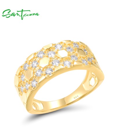 SANTUZZA 925 Sterling Silver Ring White Cubic Zircon Neutral Hexagon Jewelry - US 7