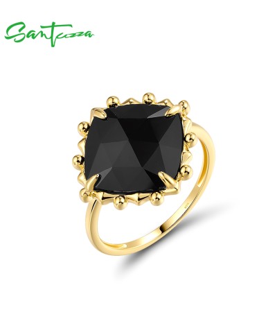 SANTUZZA 925 Sterling Silver Rings For Women Sparkling Black Agate Grand Square Jewelry - US 8