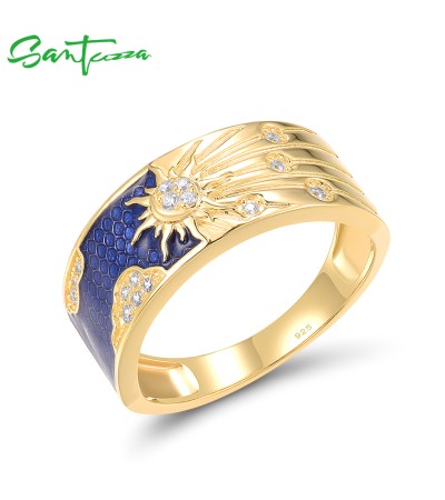 SANTUZZA 925 Sterling Silver Rings White CZ Creative Enamel Blue Sky&Sun Jewelry - US 6