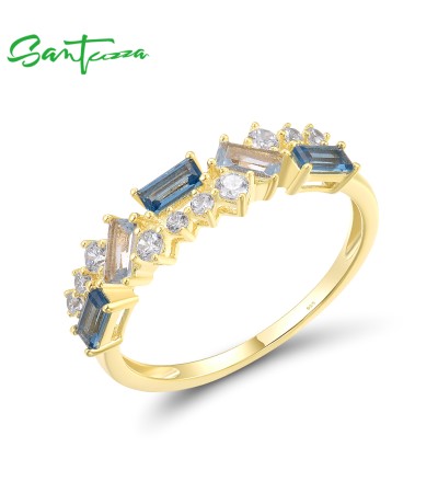 SANTUZZA 925 Sterling Silver Rings Blue Spinel White CZ Glowing Jewelry - US 7