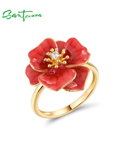 SANTUZZA 925 Sterling Silver Rings White CZ Enamel Red Flower Delicated Fine Jewelry - US 6