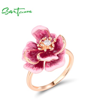 SANTUZZA 925 Sterling Silver Rings White CZ Enamel Pink Sweet Flower Fine Jewelry - US 9