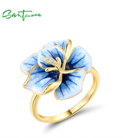 SANTUZZA 925 Sterling Silver Rings White CZ Blue Enamel Charming Flower Fine Jewelry - US 8