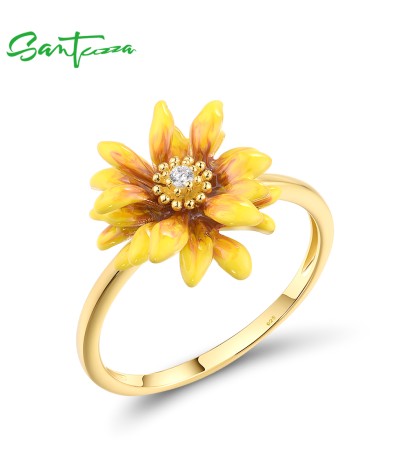 SANTUZZA 925 Sterling Silver Rings White CZ Yellow Enamel Flower Fine Jewelry - US 6