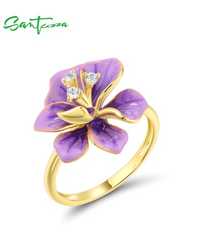 SANTUZZA 925 Sterling Silver Rings White CZ Purple Enamel Flower Fine Jewelry - US 8