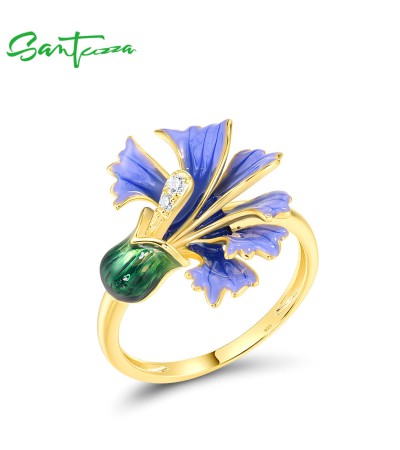 SANTUZZA 925 Sterling Silver Rings White CZ Blue Enamel Flower Fine Jewelry - US 6