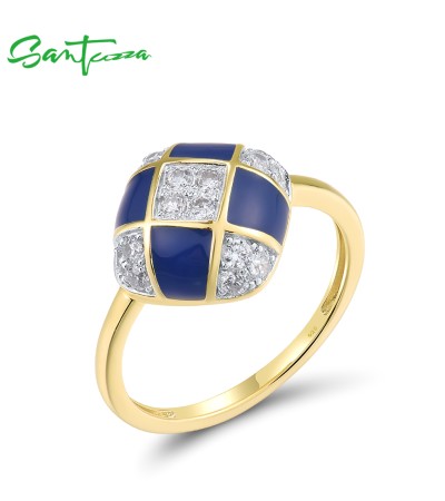 SANTUZZA 925 Sterling Silver Rings Genuine White CZ Blue Square Enamel Jewelry - US 8
