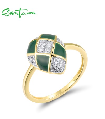 SANTUZZA 925 Sterling Silver Rings White CZ Green Pear Enamel Jewelry - US 9