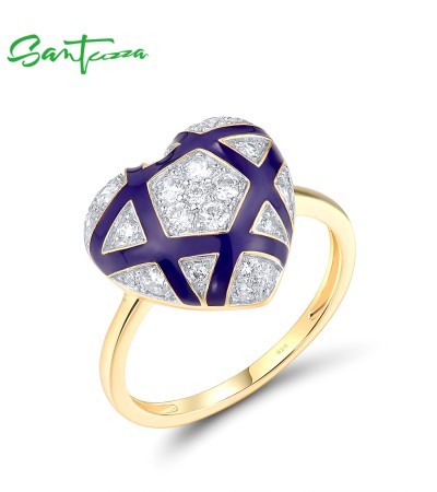 SANTUZZA 925 Sterling Silver Rings White CZ Blue Heart Enamel Jewelry - US 7