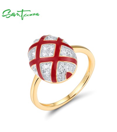 SANTUZZA 925 Sterling Silver Rings White CZ Red Oval Cross Enamel Jewelry - US 8