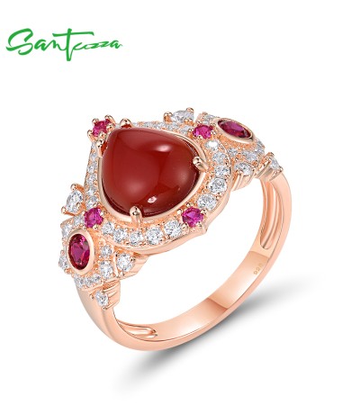 SANTUZZA 925 Sterling Silver Rings Sparkling Dyed Red Agate Created Ruby Jewelry - US 6