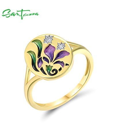 SANTUZZA 925 Sterling Silver Rings White CZ Purple Flower Enamel Jewelry - US 9