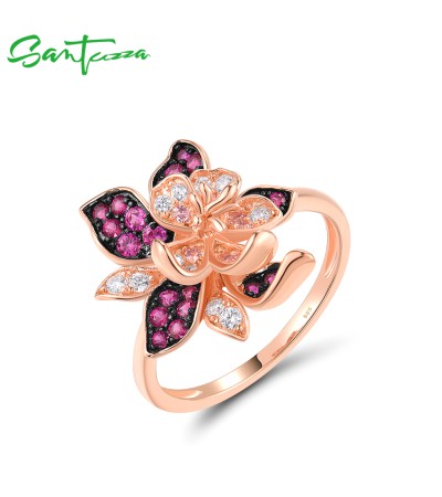 SANTUZZA 925 Sterling Silver Ring Created Pink Sapphire Charming Flower Jewelry - US 6