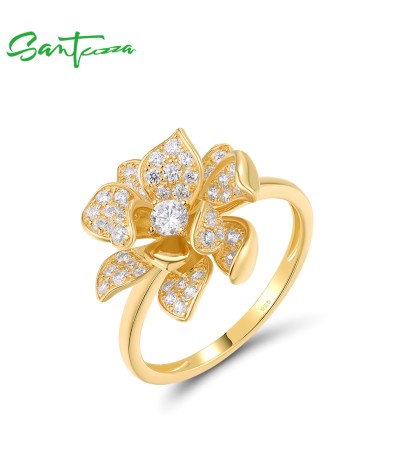 SANTUZZA 925 Sterling Silver Rings Sparkling Synthetic Zircon Fantastic Flower Jewelry - US 8