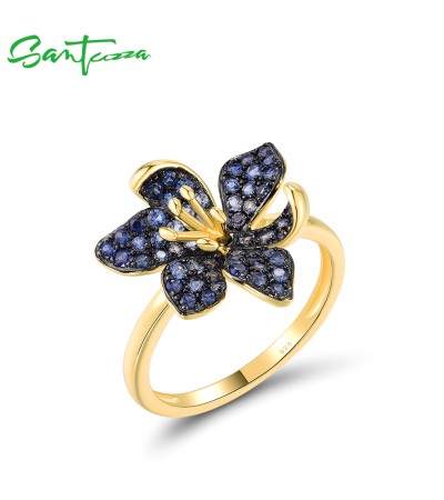 SANTUZZA 925 Sterling Silver Rings Blue Spinel Luminous Flower Jewelry - US 8