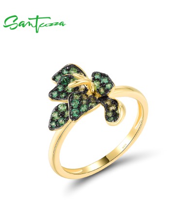 SANTUZZA 925 Sterling Silver Rings Sparkling Green Spinel Lili Flower Jewelry - US 6