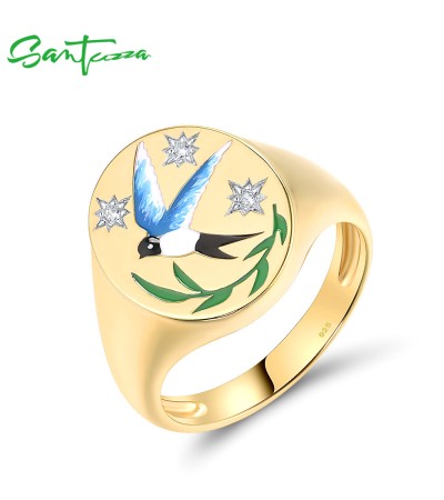 SANTUZZA 925 Sterling Silver Rings Sparkling White CZ Enamel Bird Vintage Jewelry - US 9