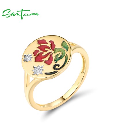 SANTUZZA 925 Sterling Silver Rings White CZ Red Enamel Flower Jewelry - US 9