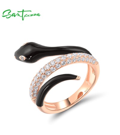 SANTUZZA 925 Sterling Silver Rings White CZ Enamel Wild Snake Animal Jewelry - US 6