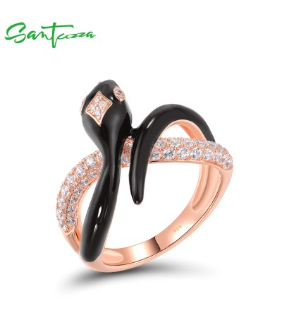 SANTUZZA 925 Sterling Silver Rings White CZ Enamel Wild Snake Unique Animal Jewelry - US 7