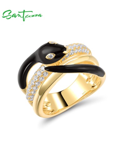 SANTUZZA 925 Sterling Silver Ring White CZ Enamel Wild Snake Creative Animal Jewelry - US 6