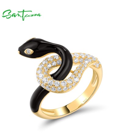 SANTUZZA 925 Sterling Silver Ring White CZ Enamel Glamorous Snake Animal Jewelry - US 8
