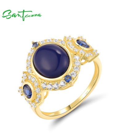 SANTUZZA 925 Sterling Silver Rings White Blue CZ Created Lapis Jewelry - US 7