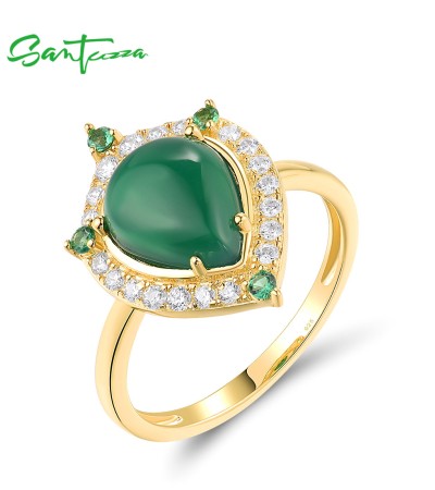 SANTUZZA 925 Sterling Silver Rings White CZ Dyed Green Agate Jewelry - US 7