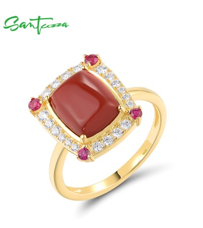 SANTUZZA 925 Sterling Silver Rings White Blue CZ Dyed Red Agate Jewelry - US 6