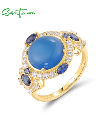 SANTUZZA 925 Sterling Silver Rings White CZ Dyed Blue Agate Jewelry - US 9