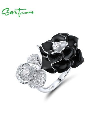 SANTUZZA 925 Sterling Silver Open Ring White CZ White&Black Flower Antique Enamel Jewelry - US 8