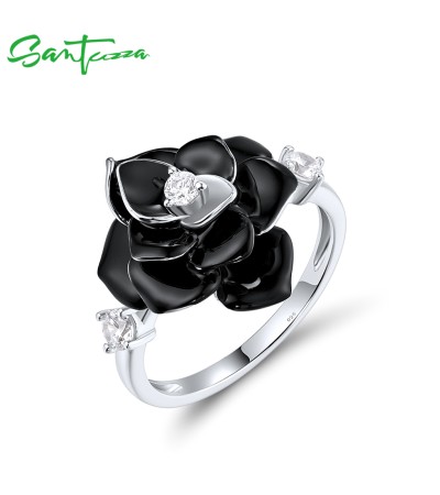 SANTUZZA 925 Sterling Silver Ring White CZ Black Flower Retro Style Enamel Jewelry - US 9