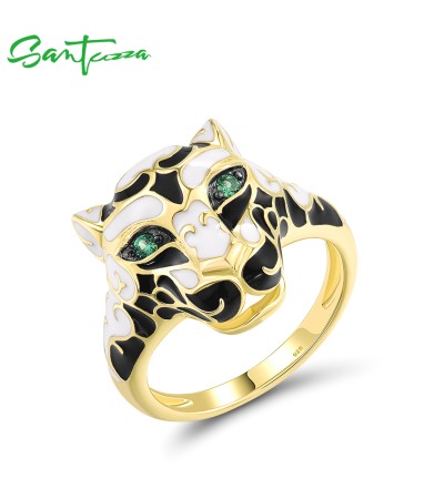 SANTUZZA 925 Sterling Silver Black White Leopard Ring Green Spinel Animal Jewelry Enamel - US 7