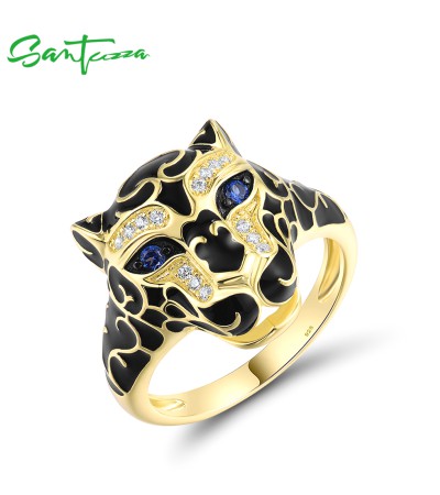 SANTUZZA 925 Sterling Silver Ring Black Safari Leopard Green Spinel Fine Jewelry Enamel - US 10