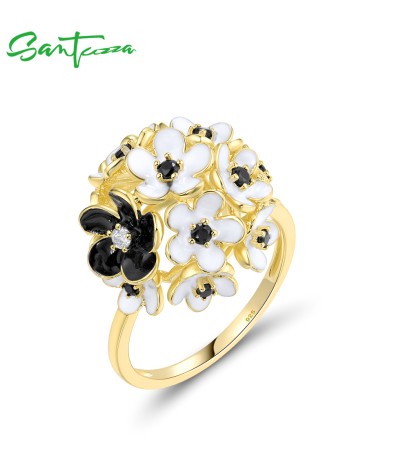 SANTUZZA 925 Sterling Silver Rings White Black Flower Ball Enamel Jewelry  - US 7