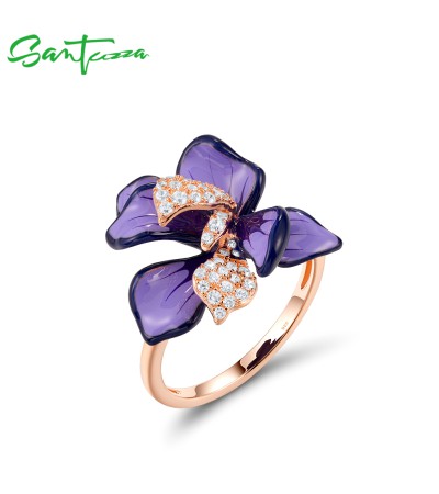 SANTUZZA 925 Sterling Silver Ring Zircon Purple Enamel Flower Jewelry - US 6