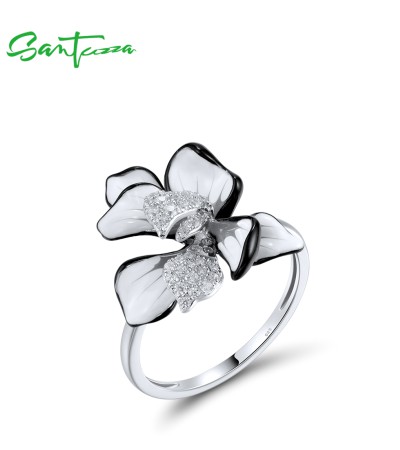 SANTUZZA 925 Sterling Silver Ring Sparkling Zircon White Enamel Flower Jewelry - US 8