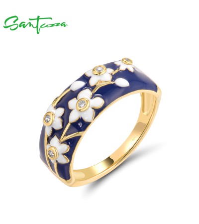 SANTUZZA 925 Sterling Silver Rings White CZ Flower Enamel Fine Jewelry - US 9